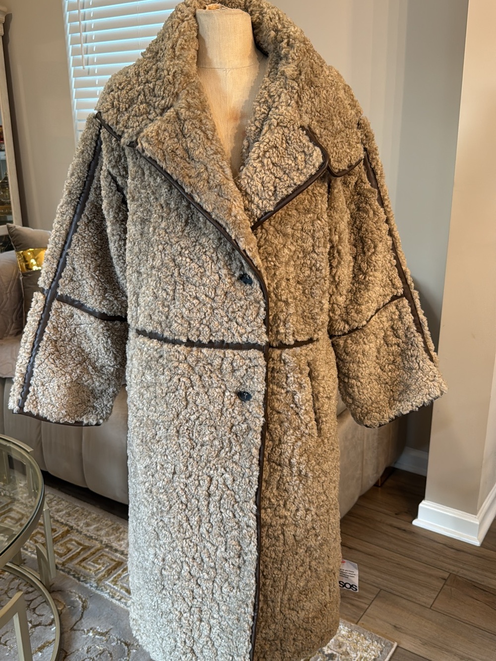 ASOS Taupe Teddy Shearling Coat with Dark Trim
